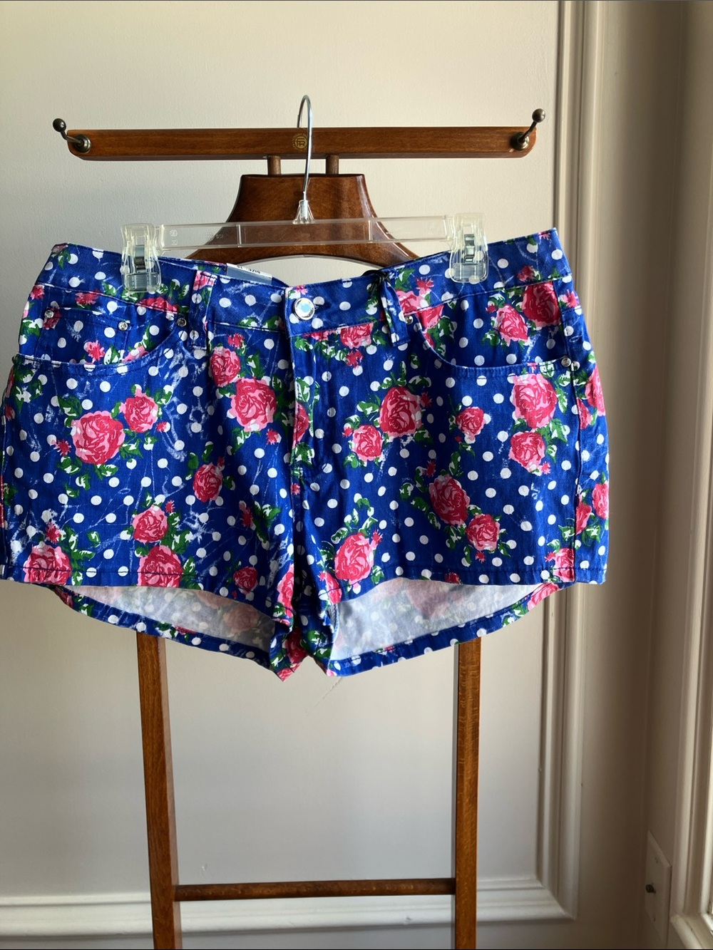 Women’s Blue Floral Polka Dot Jean Shorts - Pink Rose Print